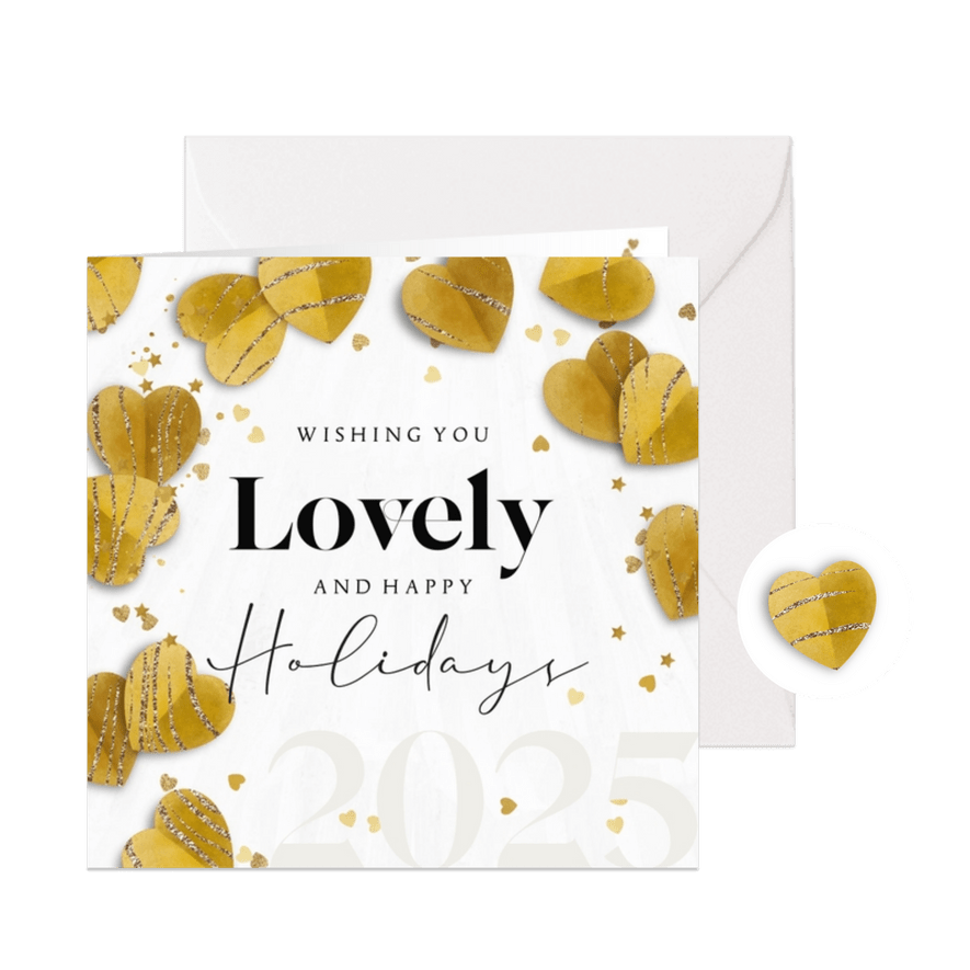 Kerstkaart lovely holidays met hartjes confetti goudlook - Kaartimpressie