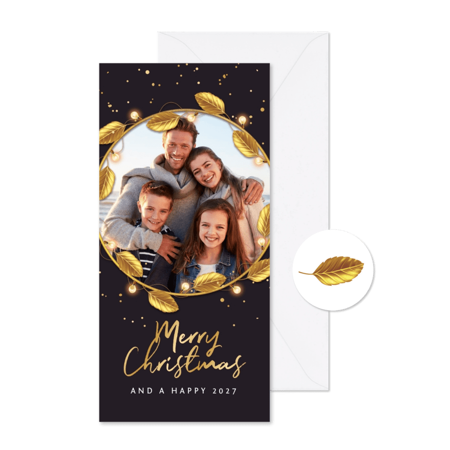 Kerstkaart luxe goud 2027 fijne feestdagen bladeren foto - Kaartimpressie
