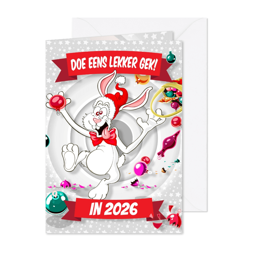 Kerstkaart maffe paashaas smijt kerstballen - Kaartimpressie