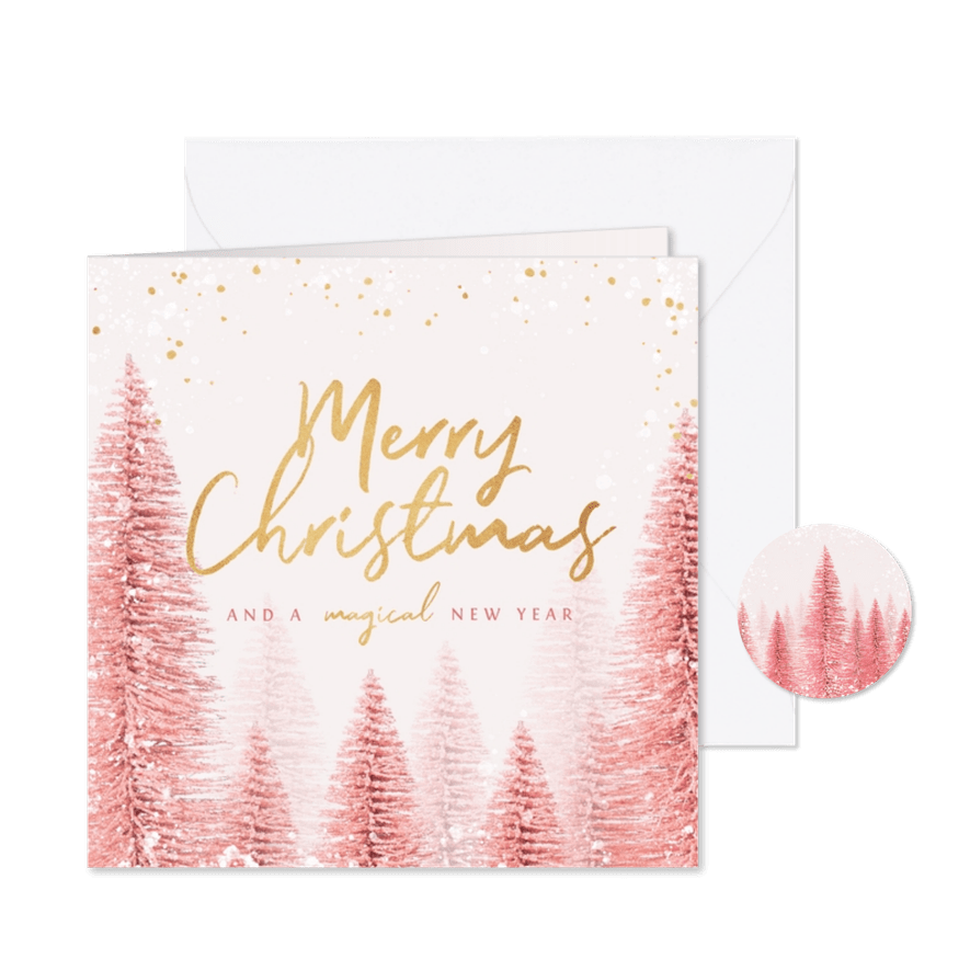 Kerstkaart magical pink merry christmas goud kerstbomen - Kaartimpressie