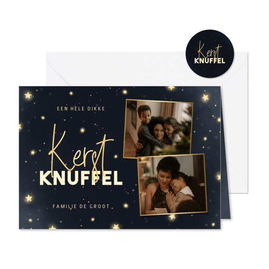 Kerstkaart magisch met 2 fotos en sterren kerstknuffel - Kaartimpressie