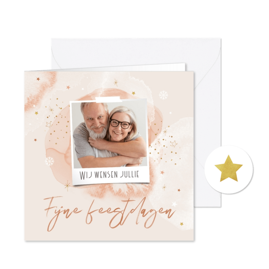 Kerstkaart magisch waterverf sterretjes sneeuw foto roze - Kaartimpressie