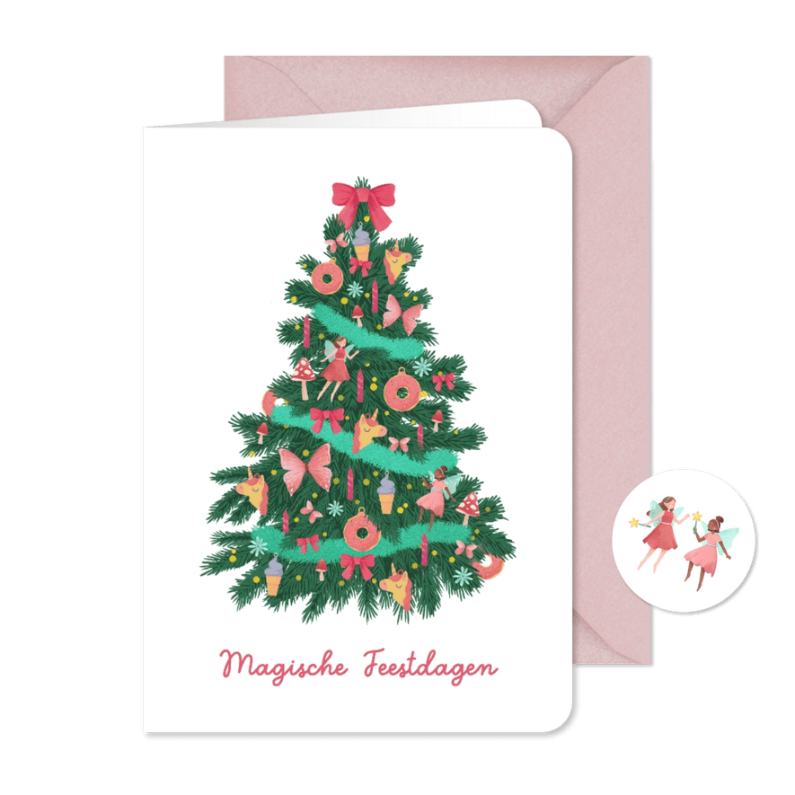 Kerstkaart magische kerst unicorn elfjes kerstboom donuts - Kaartimpressie