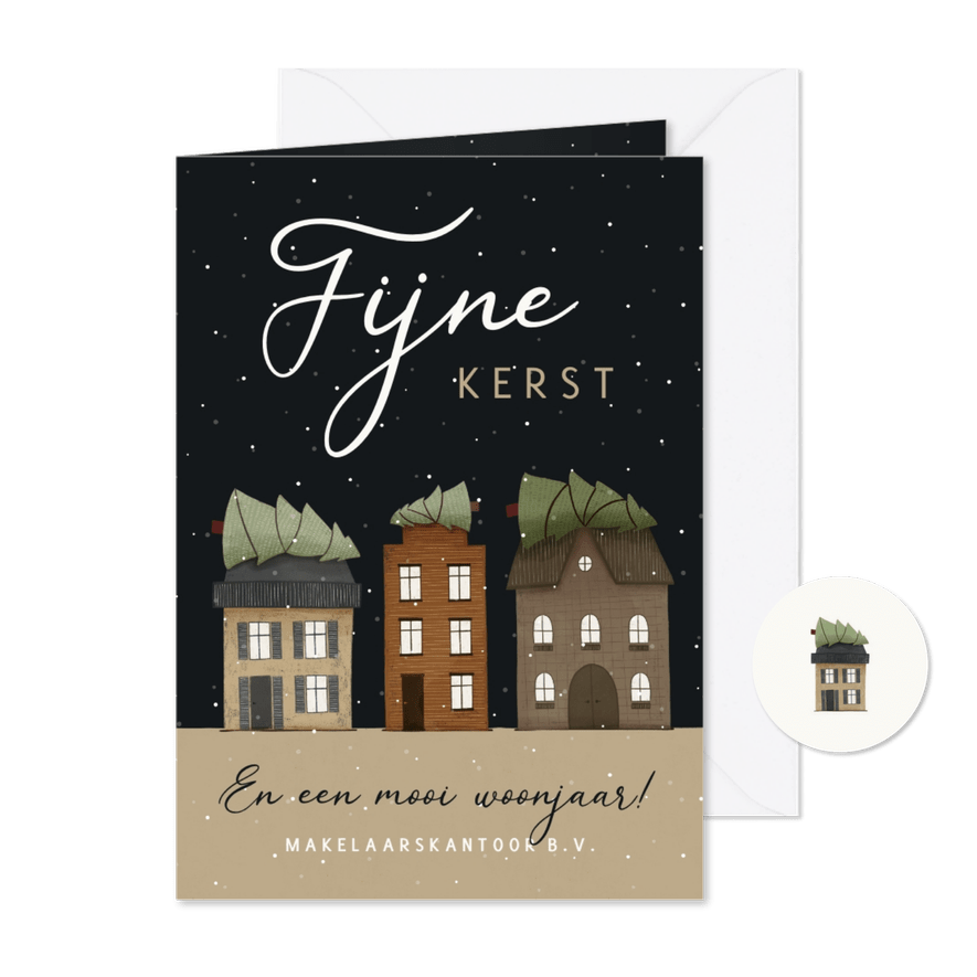 Kerstkaart makelaardij huisjes met kerstbomen en sneeuw - Kaartimpressie