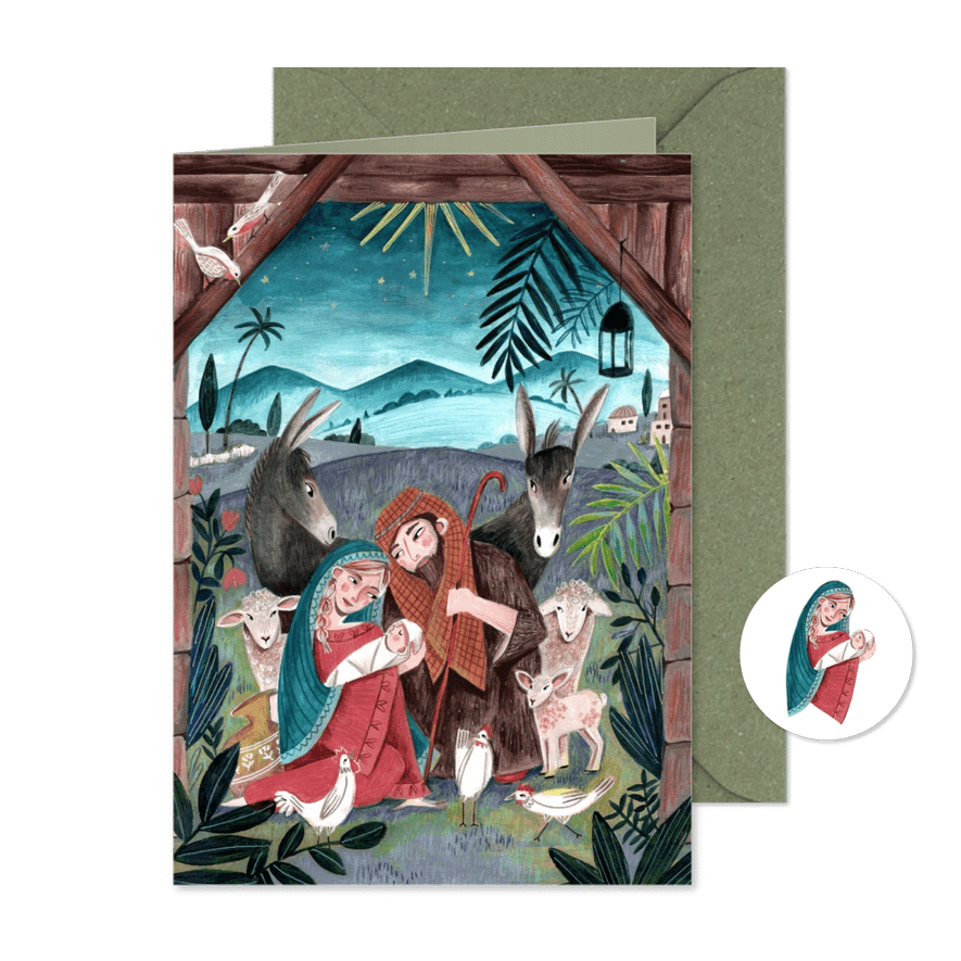 Kerstkaart Maria en Jozef bij het stalletje - Kaartimpressie