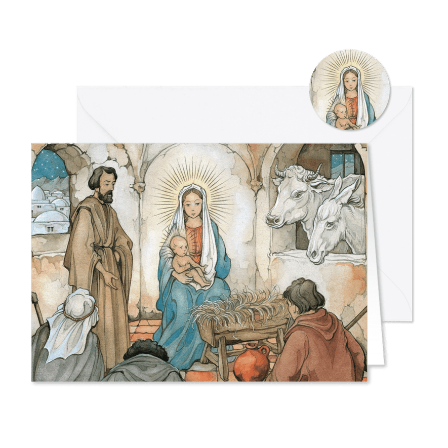 Kerstkaart Maria Jozef en Jezus in kerststal - Kaartimpressie