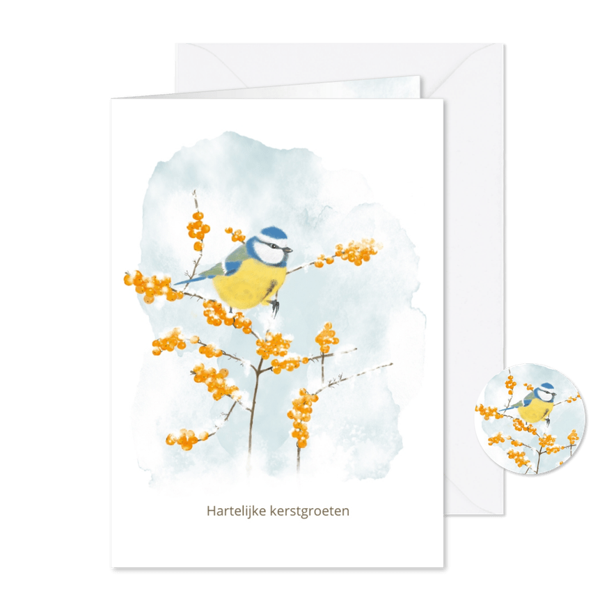 Kerstkaart meesje op oranje bessen - Kaartimpressie