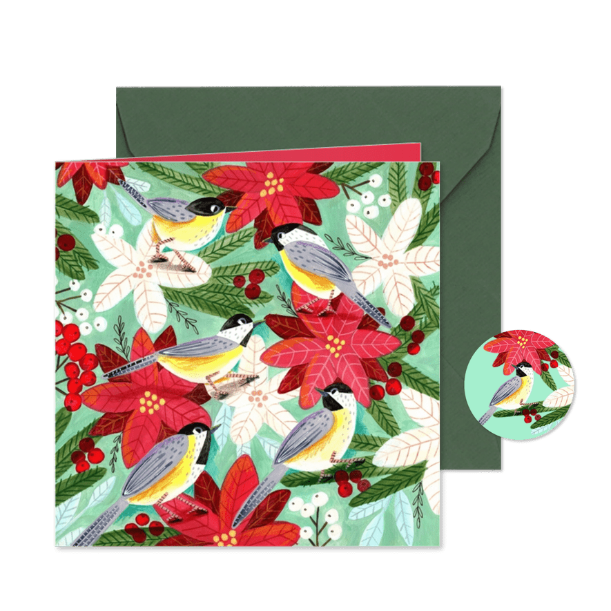 Kerstkaart meesjes en kerstbloemen - Kaartimpressie