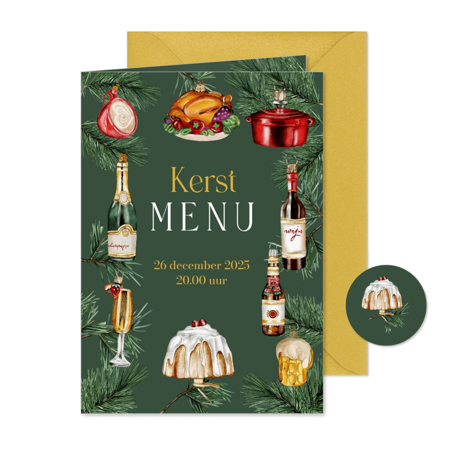 Kerstkaart menu kerstbal food - Kaartimpressie