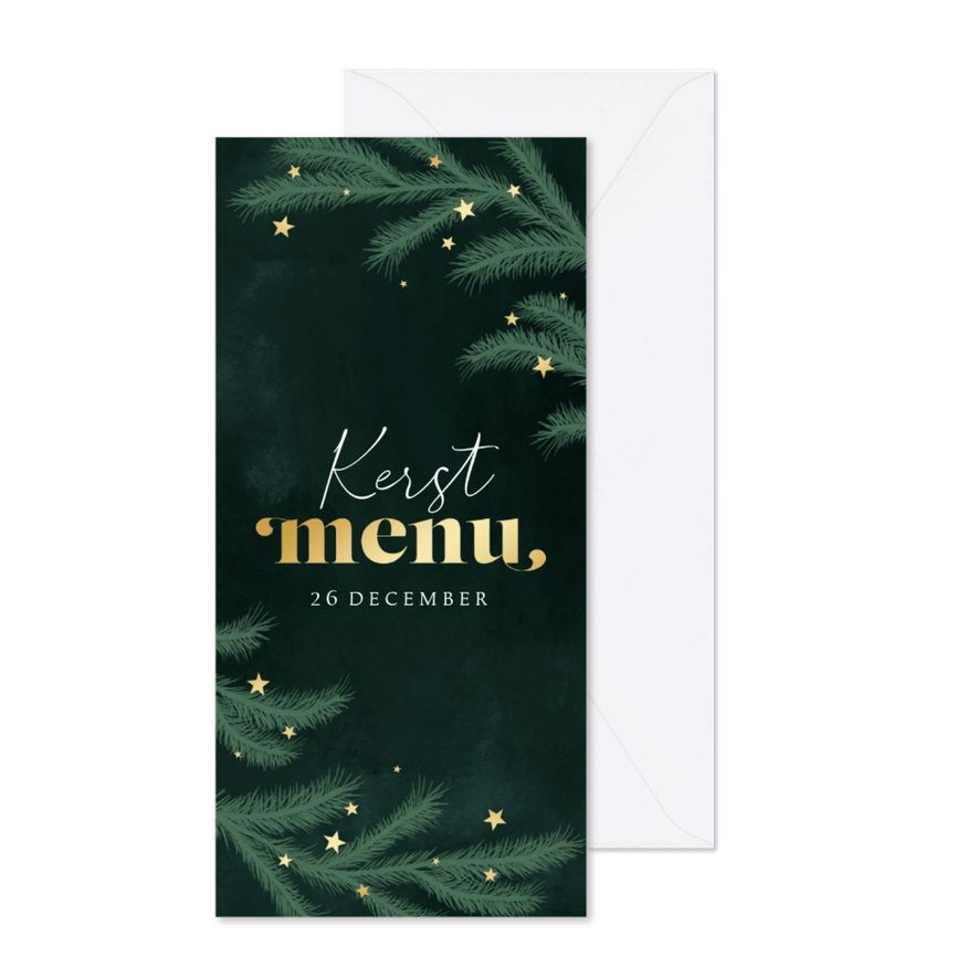Kerstkaart menu kerstdiner dennentakken groen goud sterren - Kaartimpressie