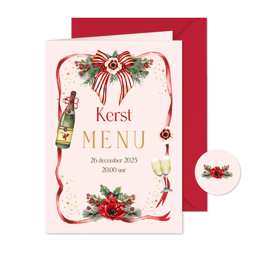 Kerstkaart menu met strik en kersttakken - Kaartimpressie