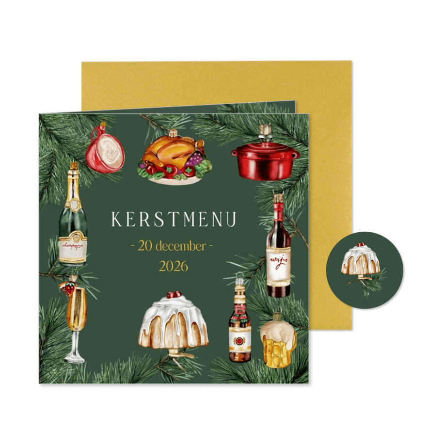 Kerstkaart menu ornamenten food - Kaartimpressie