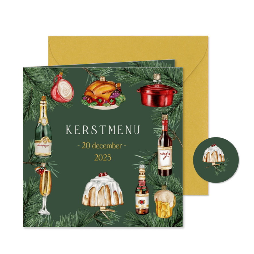 Kerstkaart menu ornamenten food - Kaartimpressie