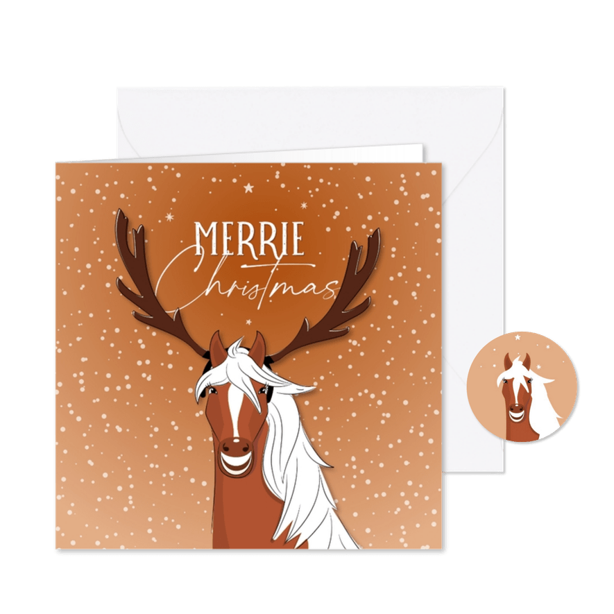 Kerstkaart Merrie Christmas illustratie paard met gewei - Kaartimpressie