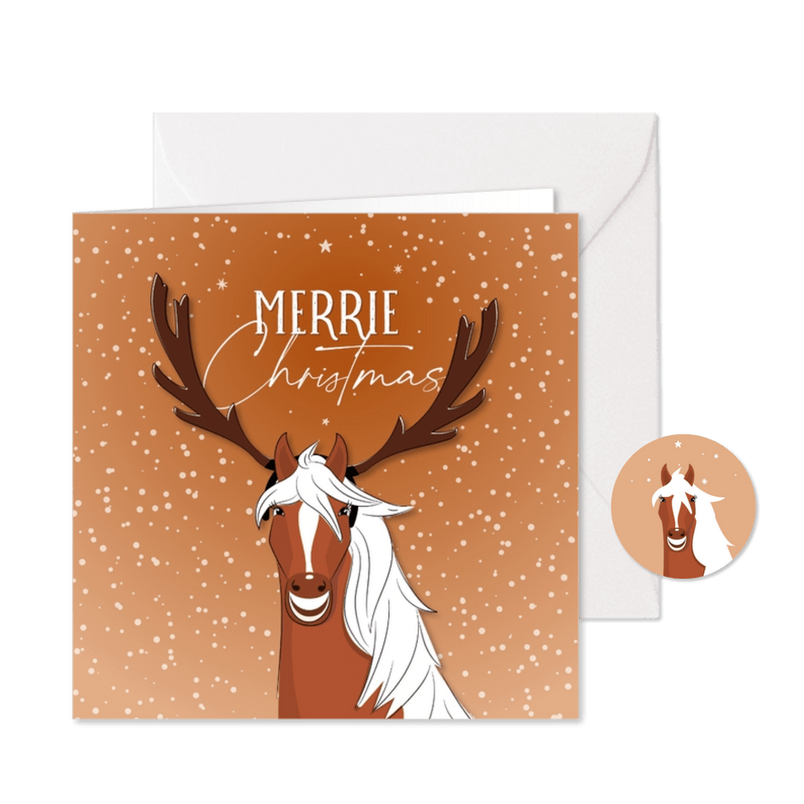 Kerstkaart Merrie Christmas illustratie paard met gewei - Kaartimpressie