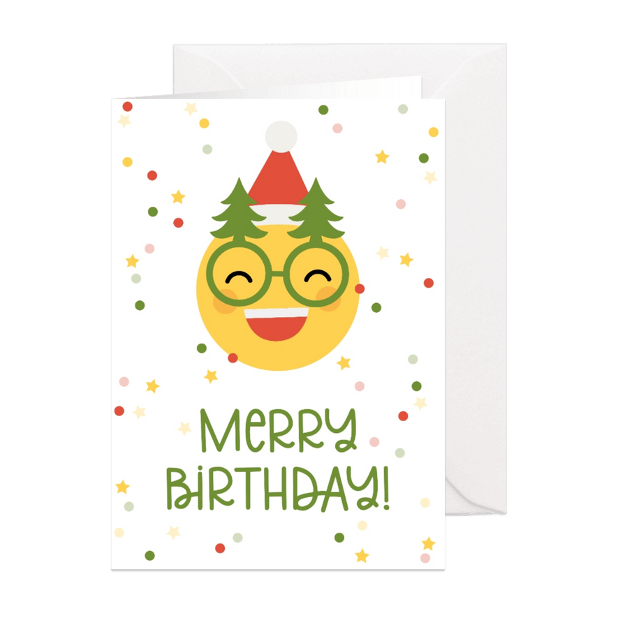 Kerstkaart merry birthday emoji met kerstbril - Kaartimpressie