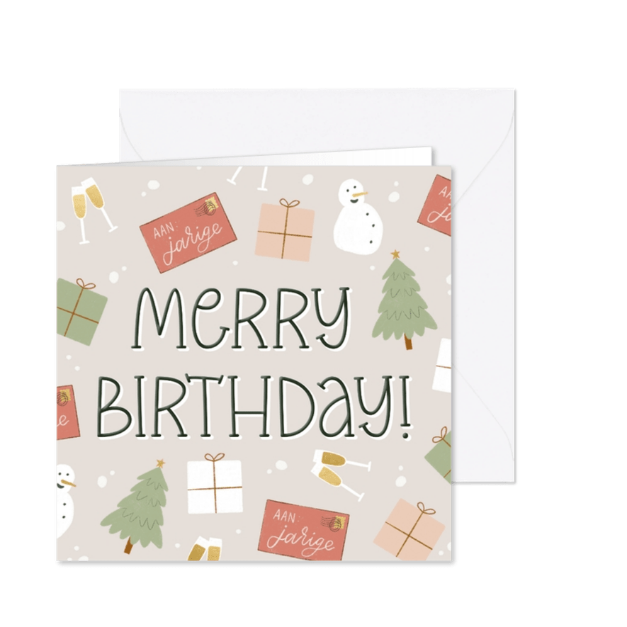 Kerstkaart Merry Birthday met illustraties - Kaartimpressie