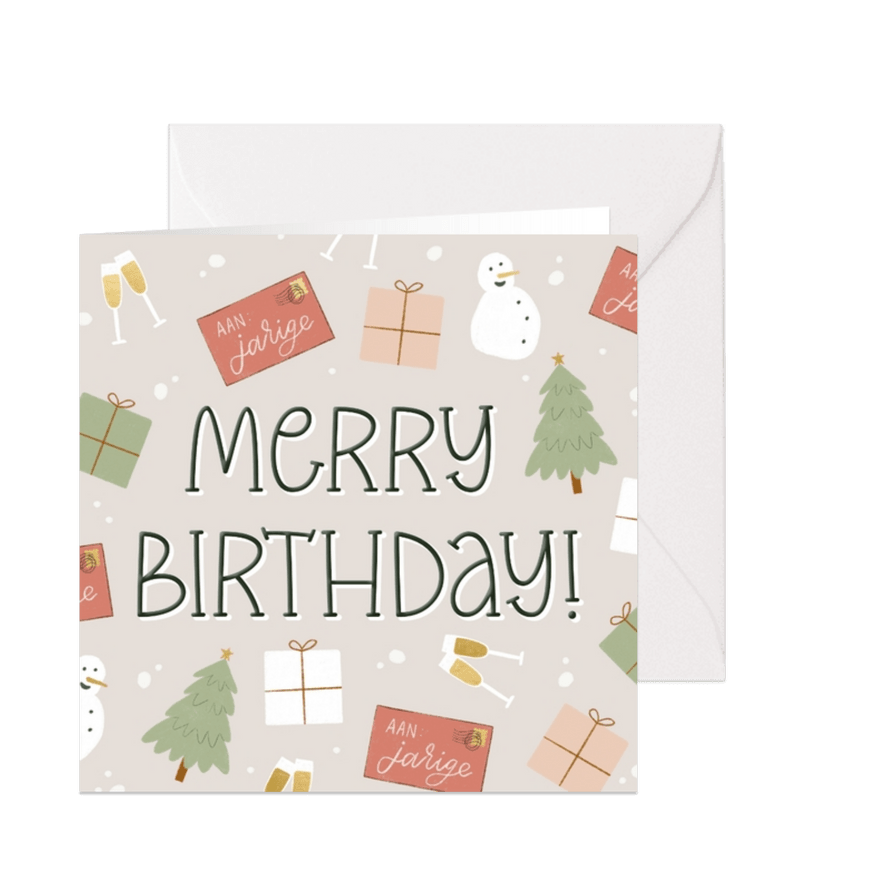 Kerstkaart Merry Birthday met illustraties - Kaartimpressie