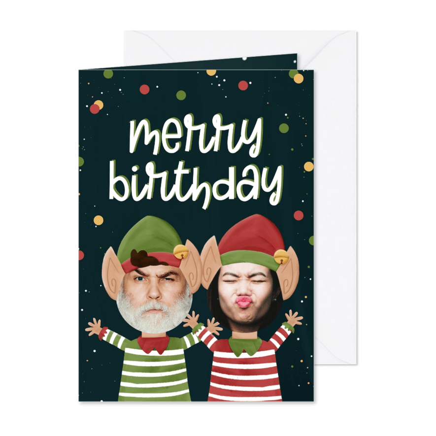 Kerstkaart Merry birthday twee kerstelfjes en eigen gezicht - Kaartimpressie