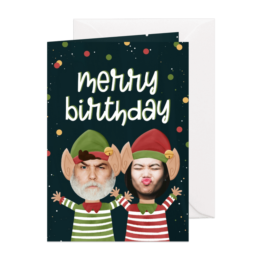 Kerstkaart Merry birthday twee kerstelfjes en eigen gezicht - Kaartimpressie