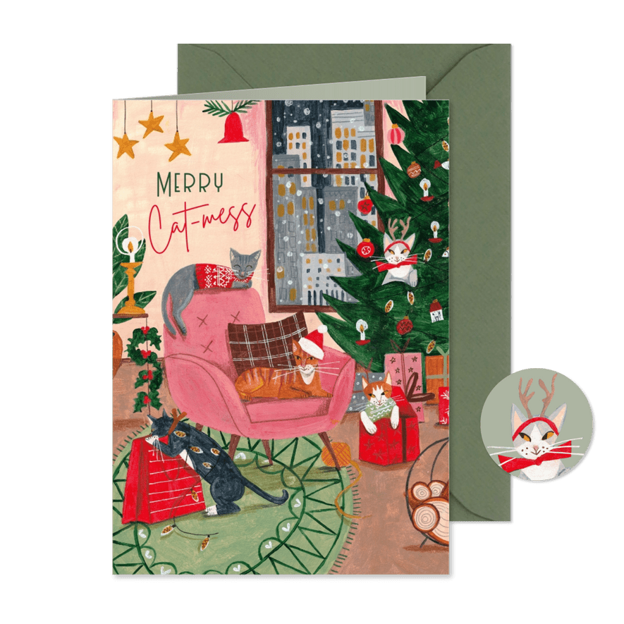 Kerstkaart Merry Cat-mess katten groet - Kaartimpressie