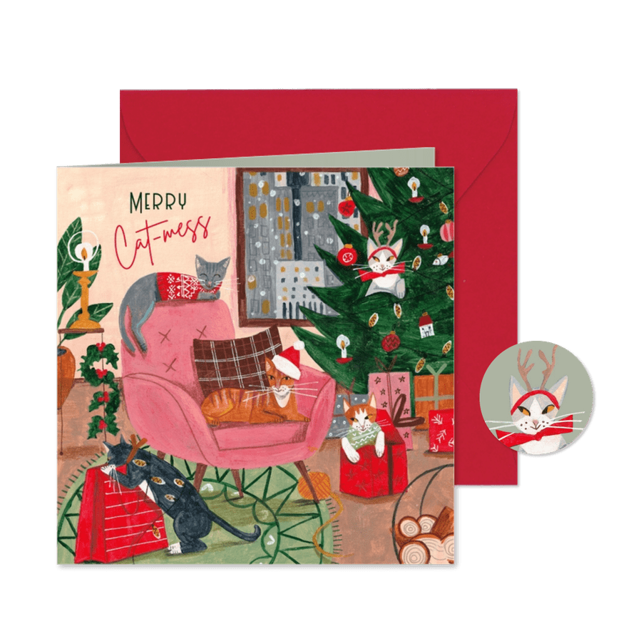 Kerstkaart Merry Cat-mess - Kaartimpressie