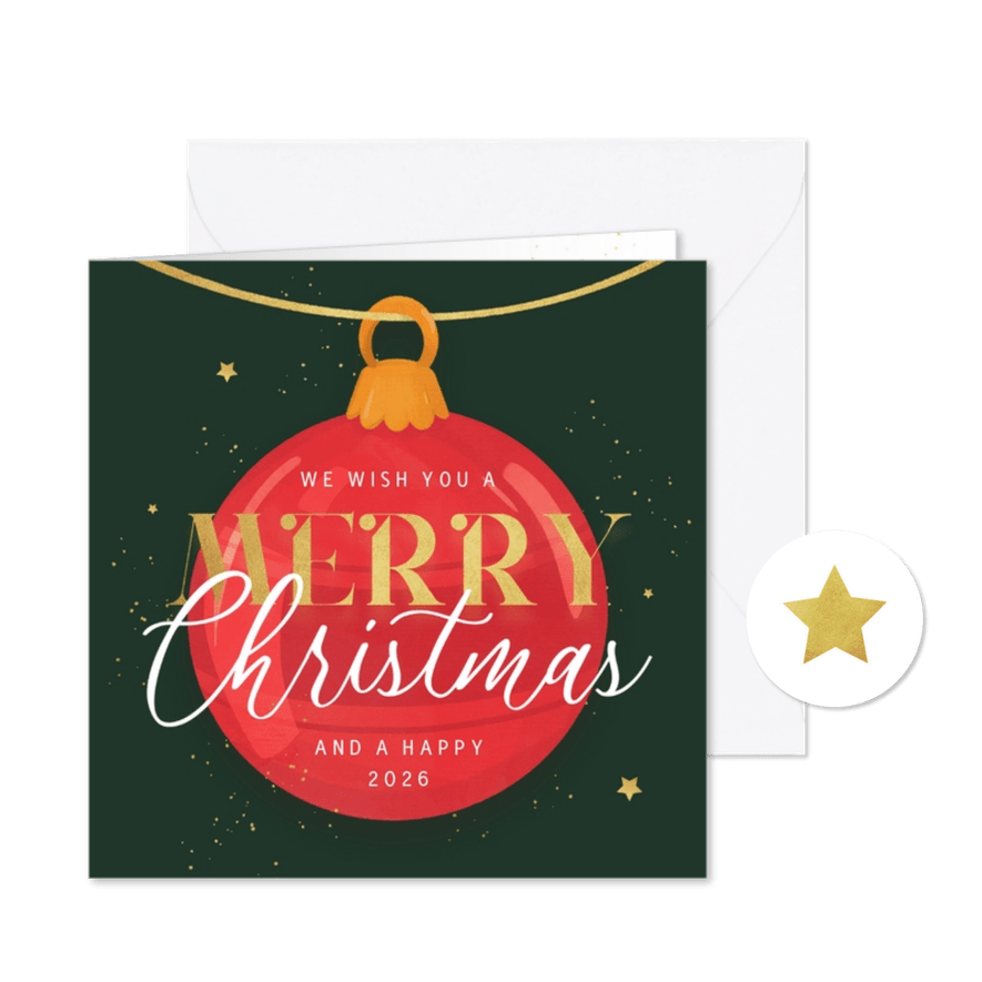 Kerstkaart merry chirstmas kerstballen goud spetters sterren - Kaartimpressie
