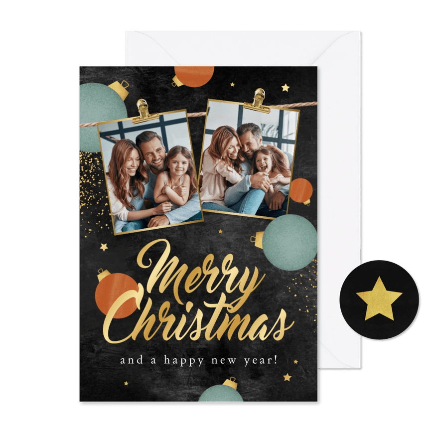 Kerstkaart merry christmas foto's slinger kerstballen - Kaartimpressie