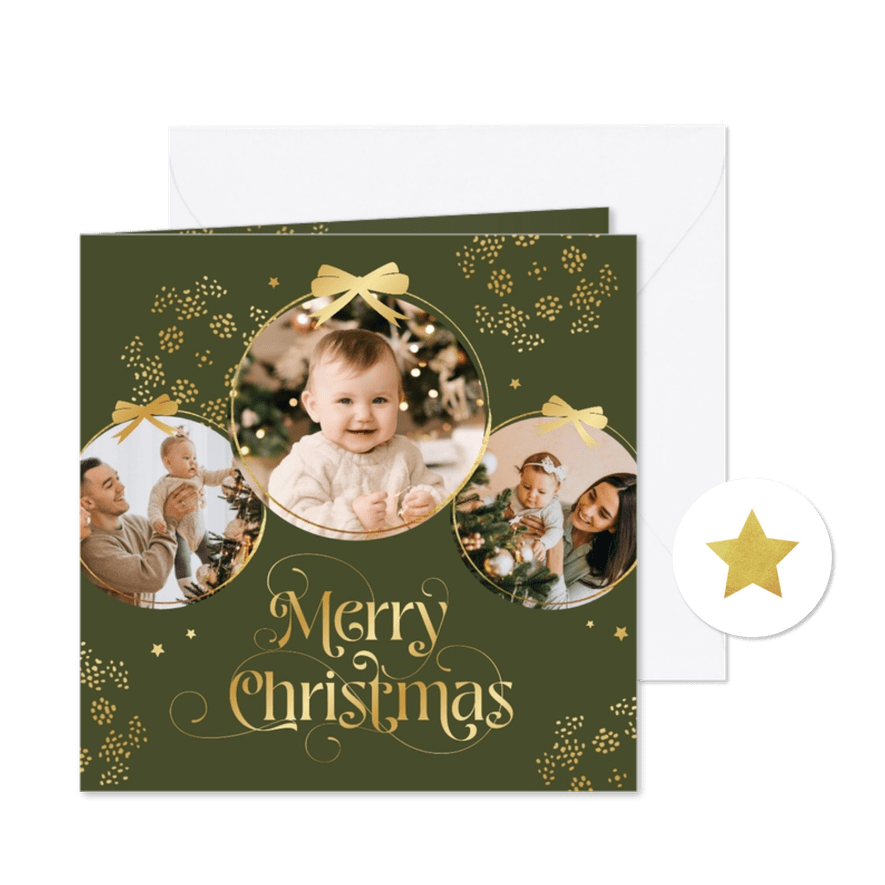 Kerstkaart merry christmas fotokaart kerstballen goud - Kaartimpressie