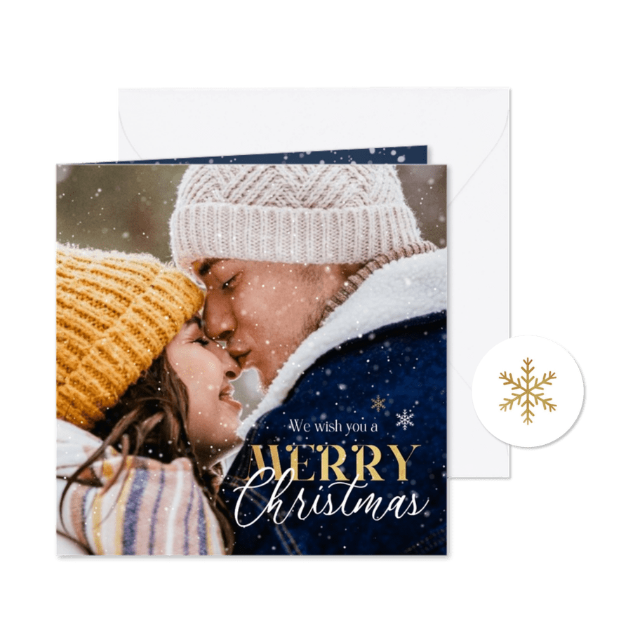 Kerstkaart merry christmas goud foto sneeuwvlokken - Kaartimpressie