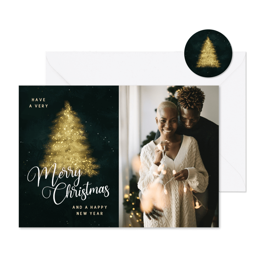 Kerstkaart Merry Christmas gouden kerstboom foto - Kaartimpressie
