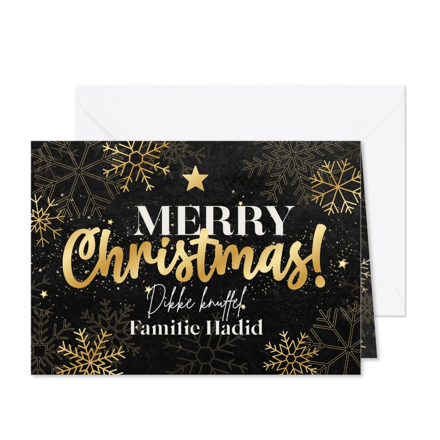 Kerstkaart Merry Christmas gouden sneeuwvlokken en sterren  - Kaartimpressie