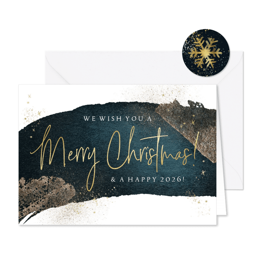 Kerstkaart ‘Merry Christmas’goudlook watercolour glitter - Kaartimpressie