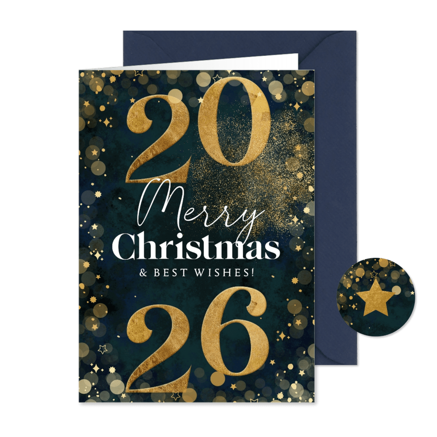 Kerstkaart merry christmas jaartal goud sterren - Kaartimpressie