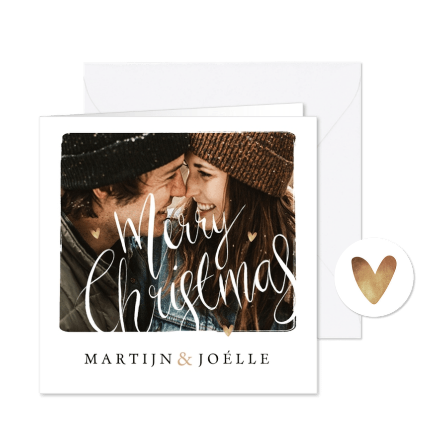Kerstkaart merry christmas kalligrafie foto hartjes goud - Kaartimpressie