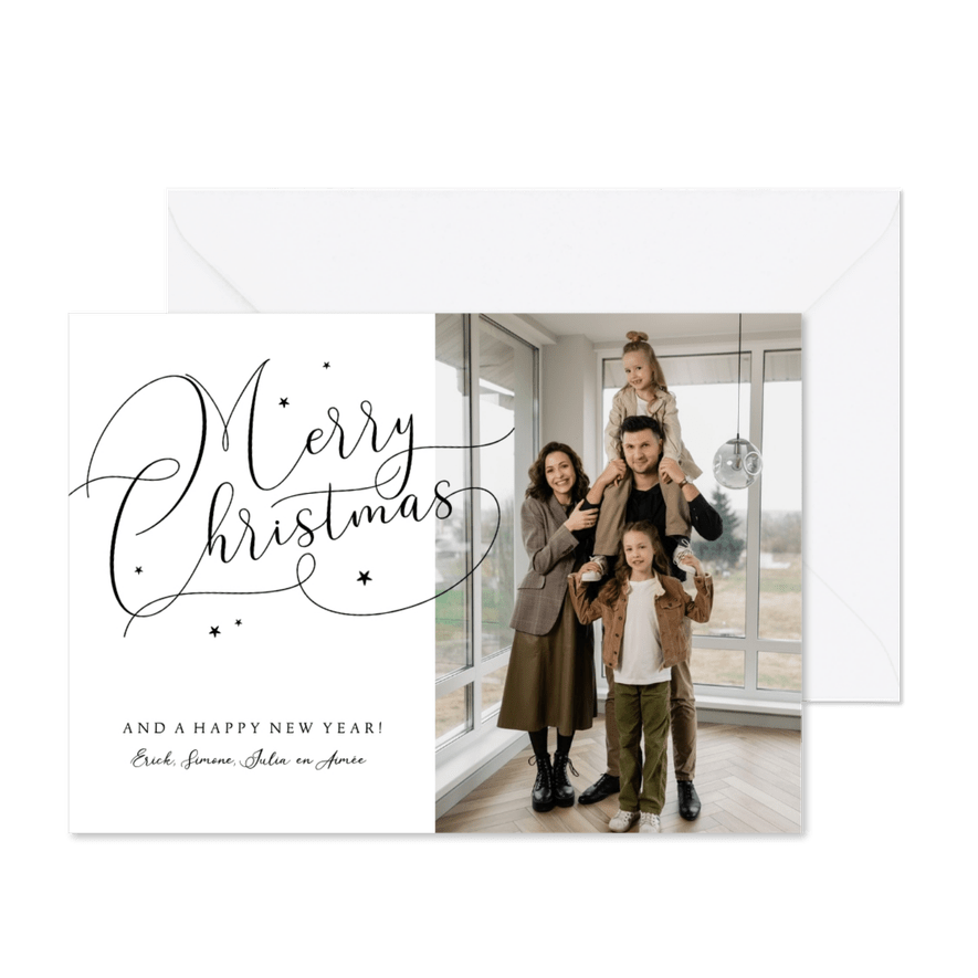 Kerstkaart Merry Christmas kalligrafisch zwart wit sterren - Kaartimpressie