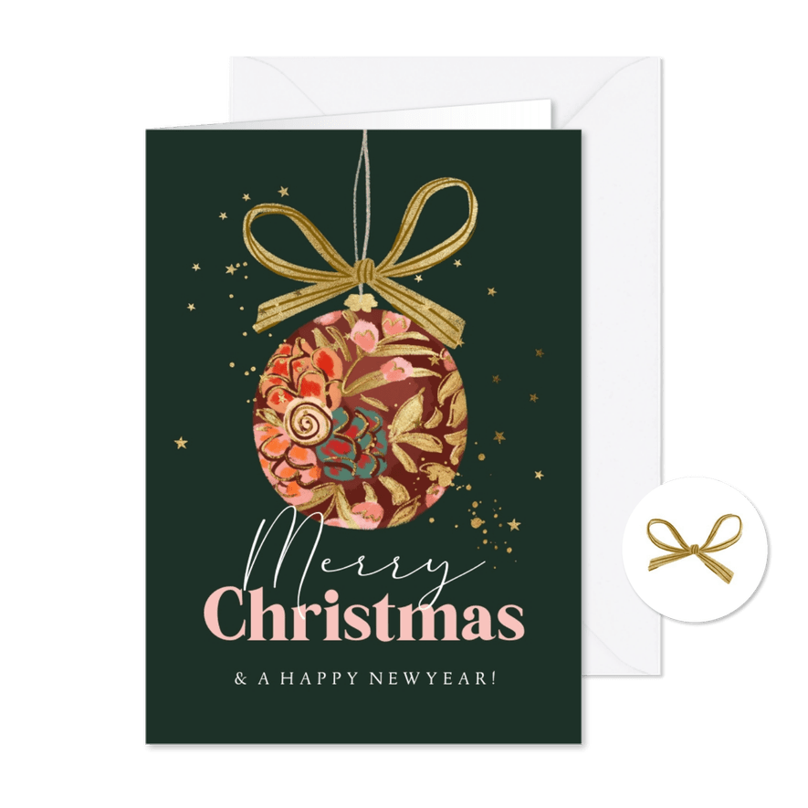 Kerstkaart Merry Christmas kerstbal goud sterren strik - Kaartimpressie