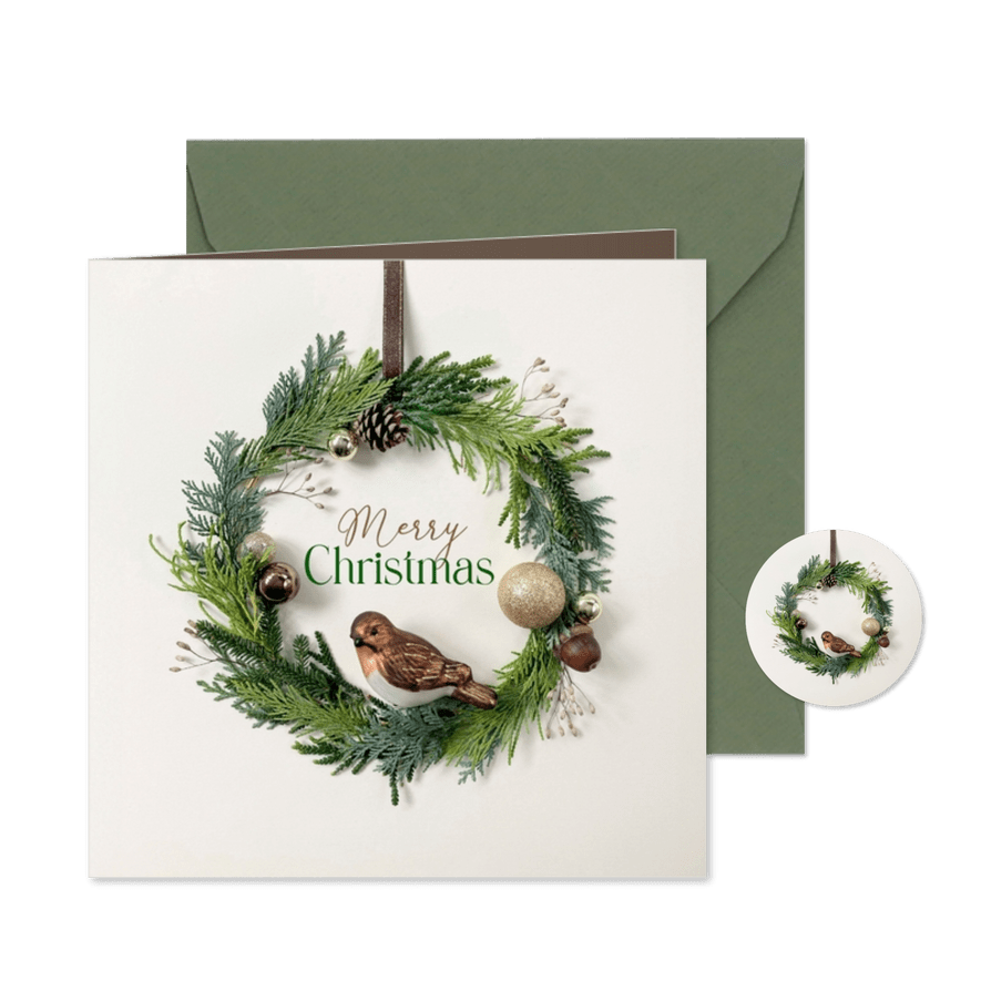 Kerstkaart 'Merry Christmas' kerstkrans met vogeltje - Kaartimpressie