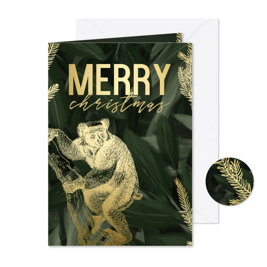 Kerstkaart merry christmas met gouden aapje - Kaartimpressie