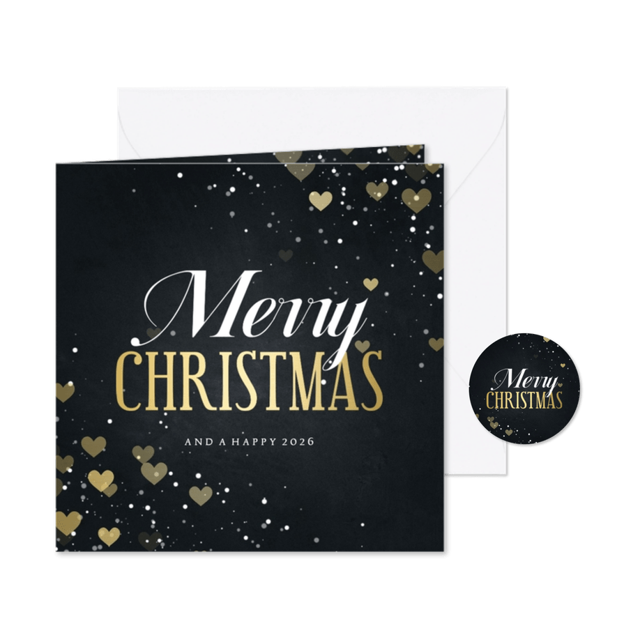 Kerstkaart Merry Christmas met hartjes en spetters - Kaartimpressie