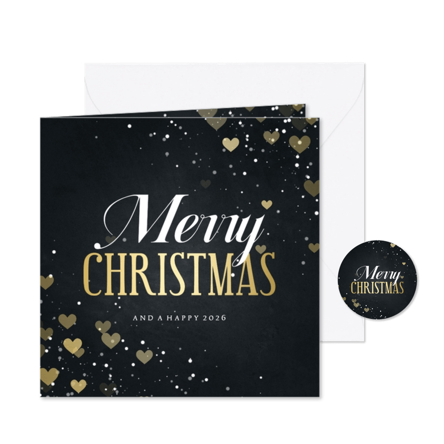 Kerstkaart Merry Christmas met hartjes en spetters - Kaartimpressie