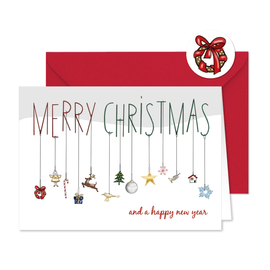 Kerstkaart - merry christmas met kersthangers - Kaartimpressie