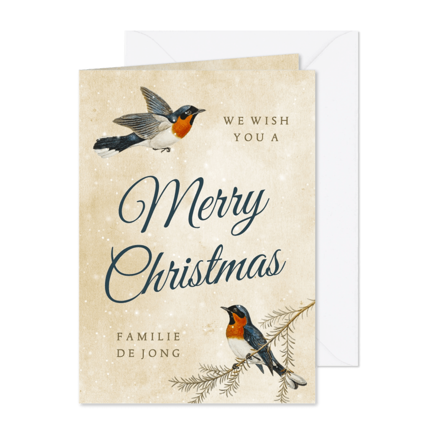 Kerstkaart Merry Christmas met roodborstjes - Kaartimpressie
