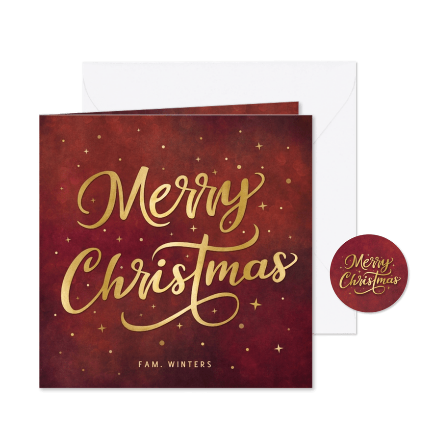 Kerstkaart Merry Christmas met sterren en goudlook letters - Kaartimpressie