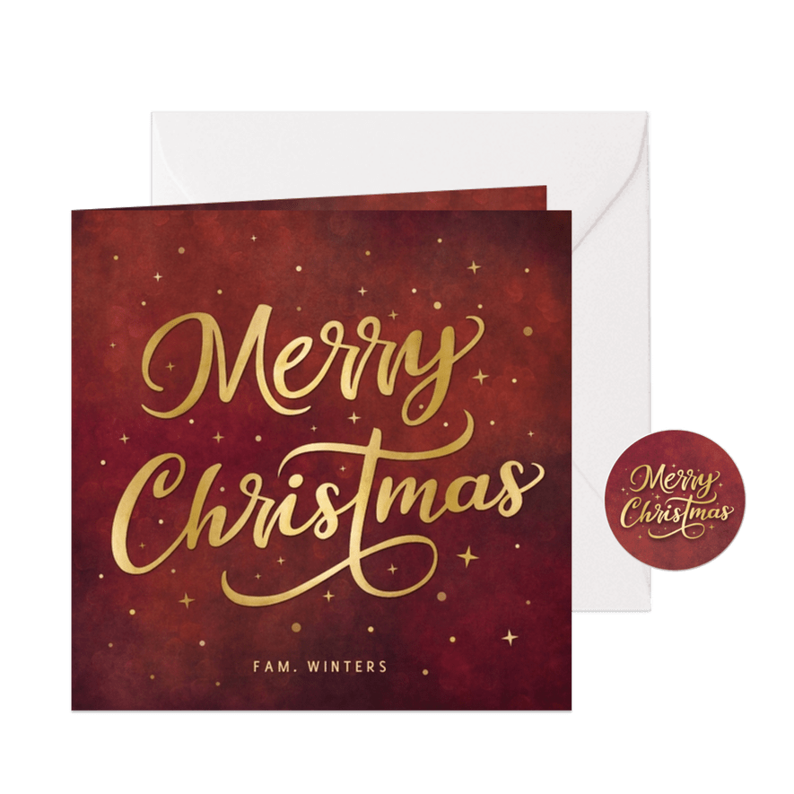 Kerstkaart Merry Christmas met sterren en goudlook letters - Kaartimpressie