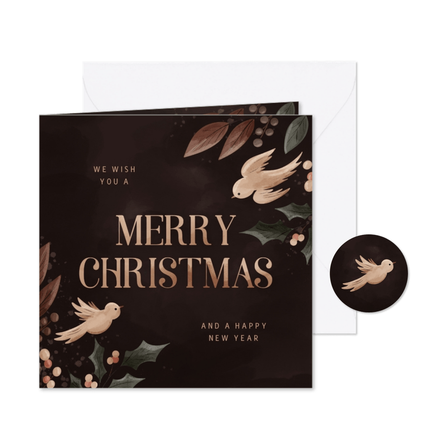Kerstkaart Merry Christmas met takjes en duiven - Kaartimpressie