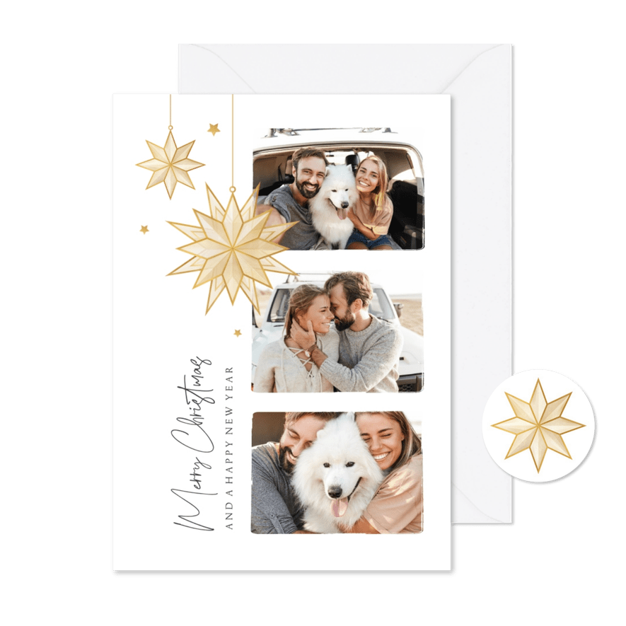 Kerstkaart merry christmas new year sterren goud fotocollage - Kaartimpressie
