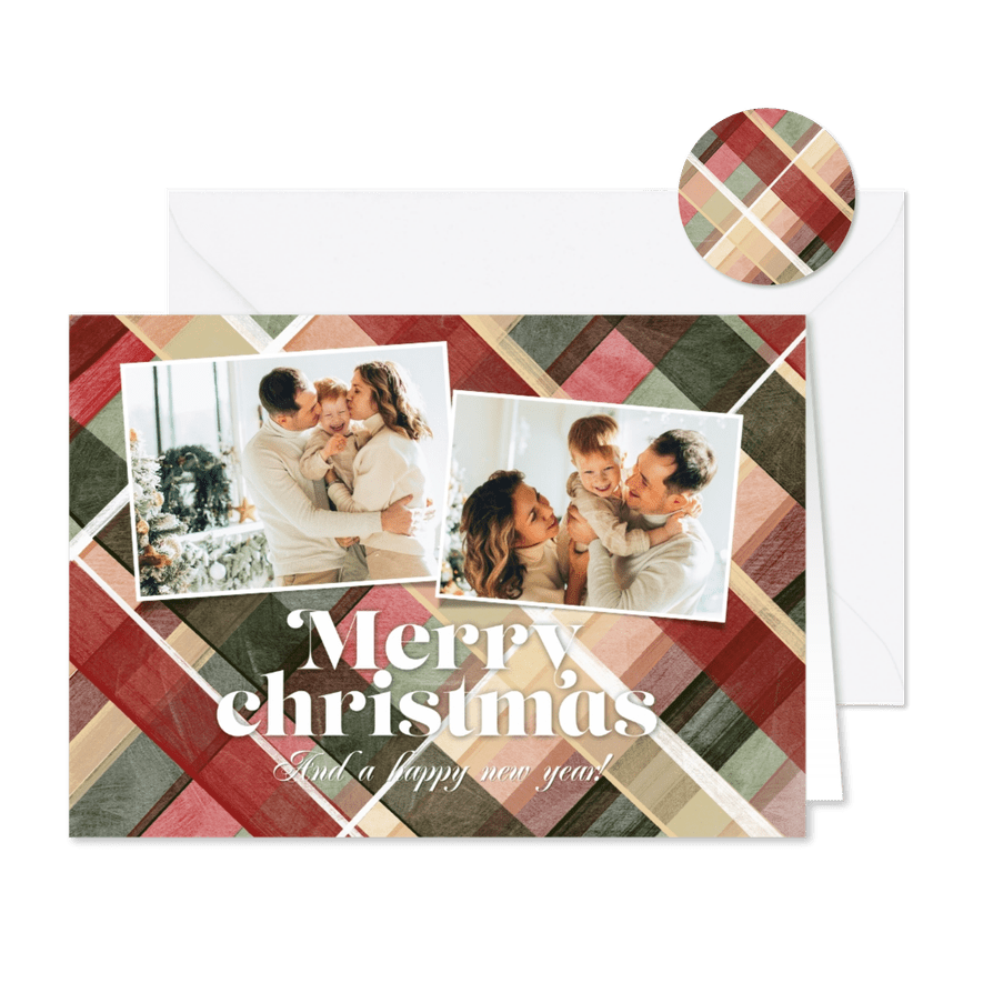 Kerstkaart Merry Christmas Patroon schotse ruit foto - Kaartimpressie