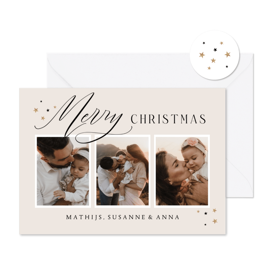 Kerstkaart merry christmas stijlvol zandkleur - Kaartimpressie