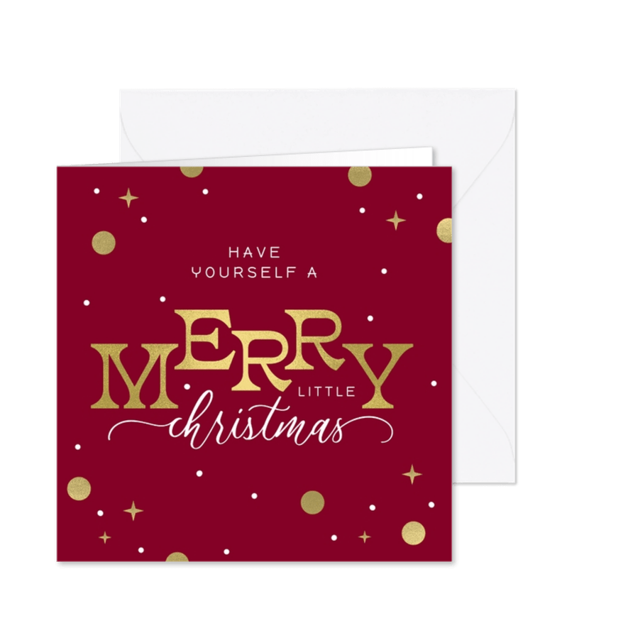 Kerstkaart Merry Christmas typografisch goud confetti - Kaartimpressie